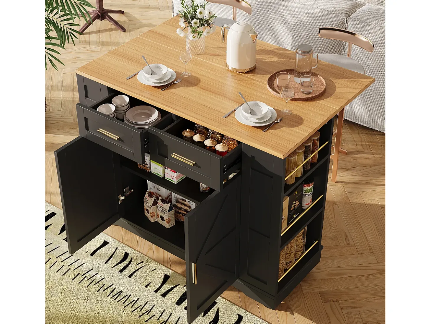 Carrinho de cozinha móvel com tampo extensível em folheado de madeira, 2 gavetas, 2 portas e prateleiras incluídas, preto - 120x65x90cm