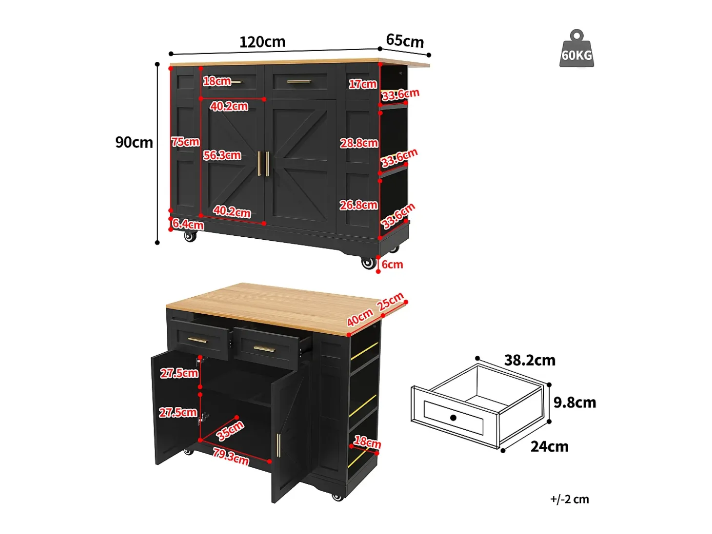 Carrinho de cozinha móvel com tampo extensível em folheado de madeira, 2 gavetas, 2 portas e prateleiras incluídas, preto - 120x65x90cm