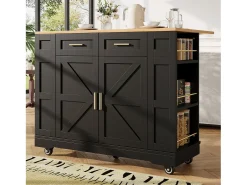 Carrinho de cozinha móvel com tampo extensível em folheado de madeira, 2 gavetas, 2 portas e prateleiras incluídas, preto - 120x65x90cm