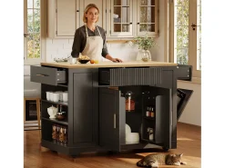 Carrinho de cozinha preto com 2 portas, 3 gavetas e compartimento para o lixo, puxadores em metal, tampo com textura de madeira