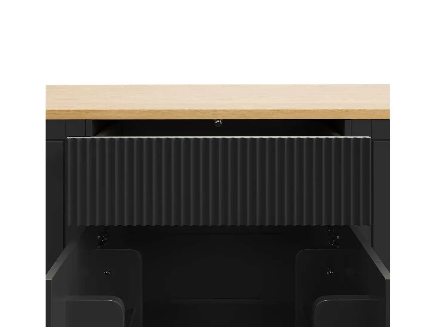 Carrinho de cozinha preto com 2 portas, 3 gavetas e compartimento para o lixo, puxadores em metal, tampo com textura de madeira