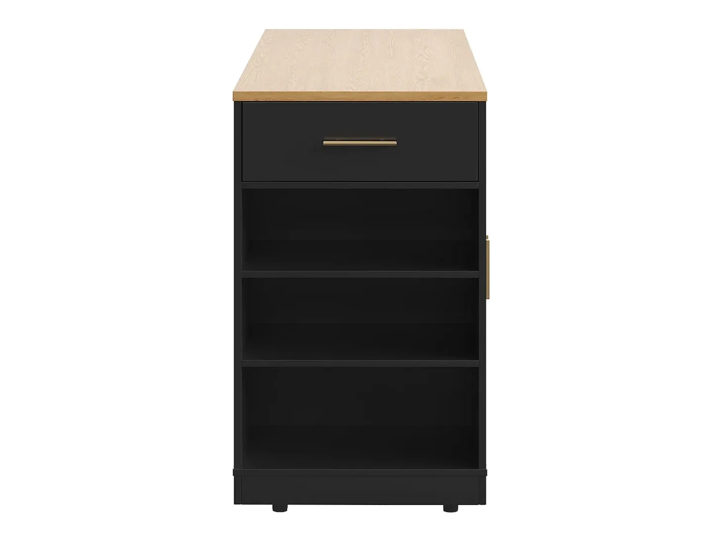Carrinho de cozinha preto com 2 portas, 3 gavetas e compartimento para o lixo, puxadores em metal, tampo com textura de madeira