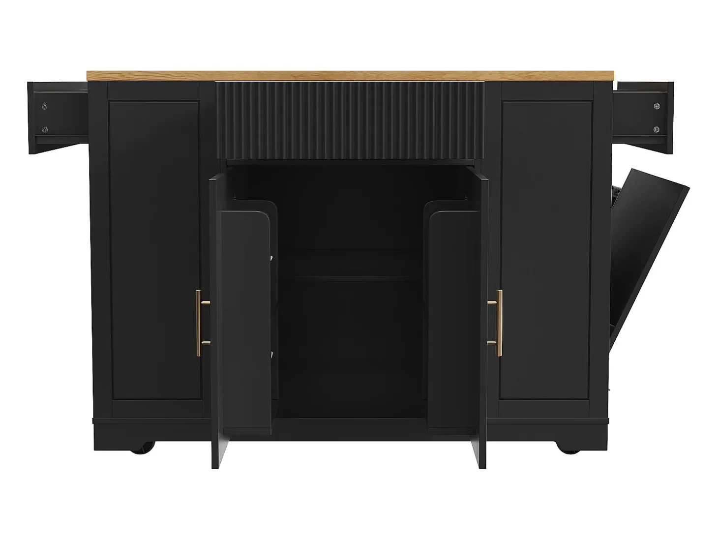 Carrinho de cozinha preto com 2 portas, 3 gavetas e compartimento para o lixo, puxadores em metal, tampo com textura de madeira