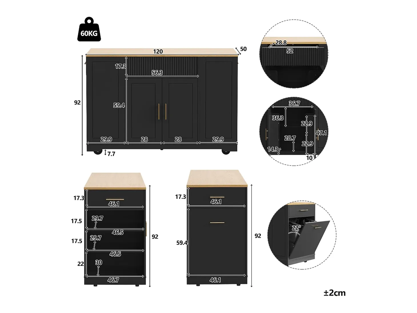 Carrinho de cozinha preto com 2 portas, 3 gavetas e compartimento para o lixo, puxadores em metal, tampo com textura de madeira