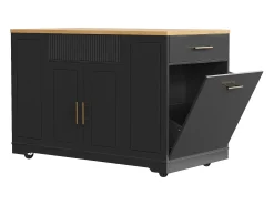 Carrinho de cozinha preto com 2 portas, 3 gavetas e compartimento para o lixo, puxadores em metal, tampo com textura de madeira