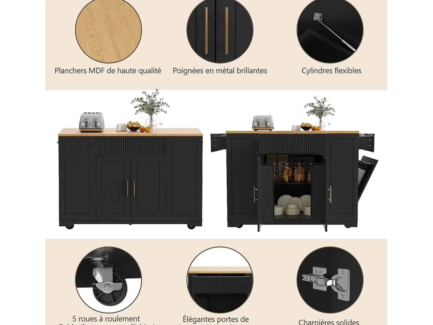 Carrinho de cozinha preto com 2 portas, 3 gavetas e compartimento para o lixo, puxadores em metal, tampo com textura de madeira