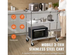 Carrinho de Cozinha, SucceBuy Carrinho Utilitário de 3 Andares com Rodízios 89 × 46 × 90 cm 300 kg 6 Ganchos