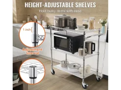 Carrinho de Cozinha, SucceBuy Carrinho Utilitário de 3 Andares com Rodízios 89 × 46 × 90 cm 300 kg 6 Ganchos