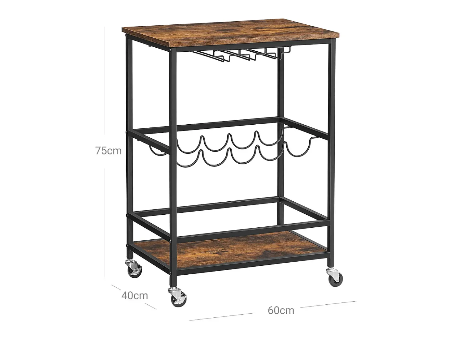 Carrinho de cozinha 60x40x75 cm preto vintage castanho