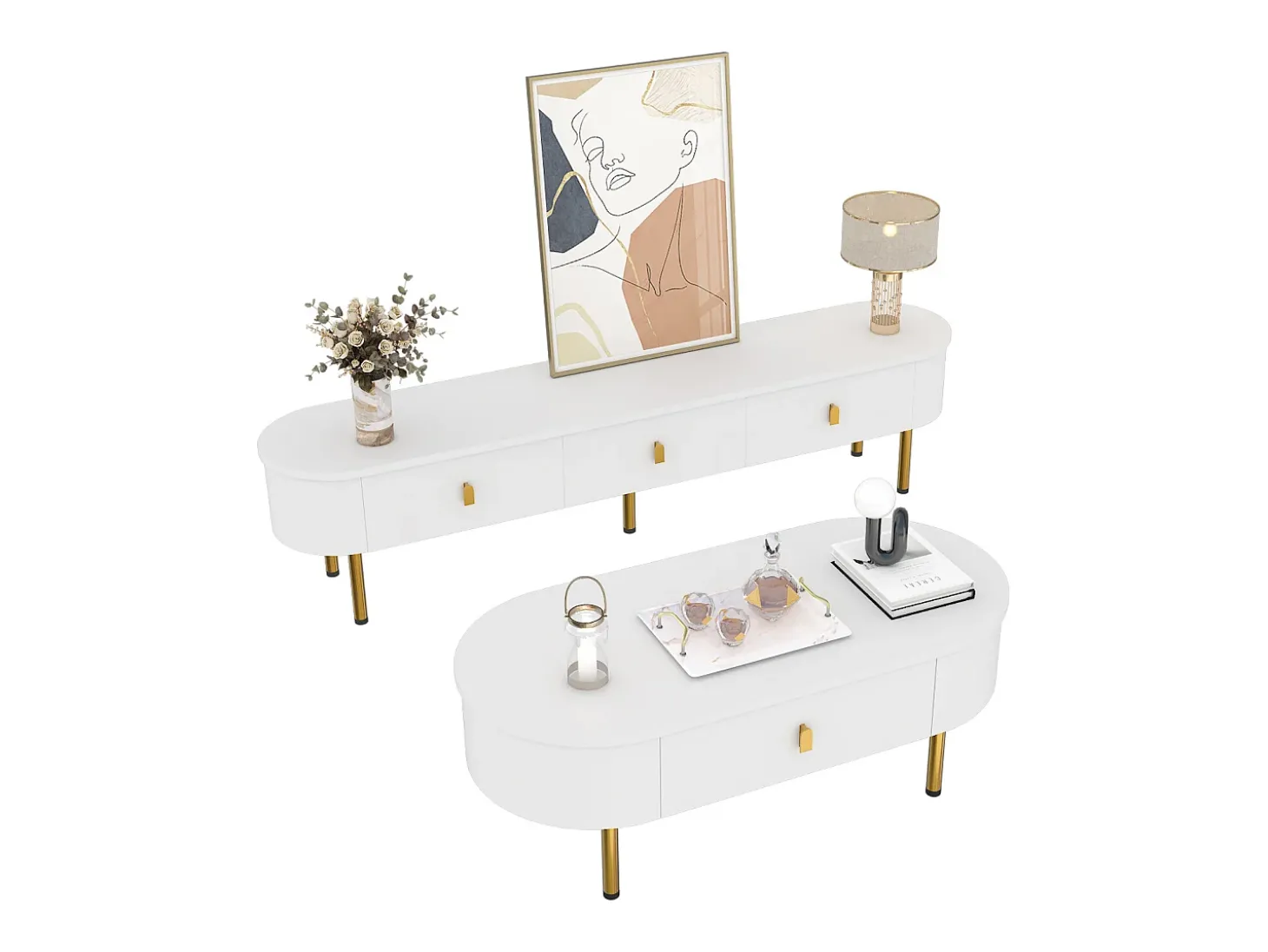 Combinação de armário de TV e mesa de centro com gavetas e cantos arredondados. Design leve e luxuoso para a sala de estar.