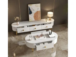 Combinação de armário de TV e mesa de centro com gavetas e cantos arredondados. Design leve e luxuoso para a sala de estar.