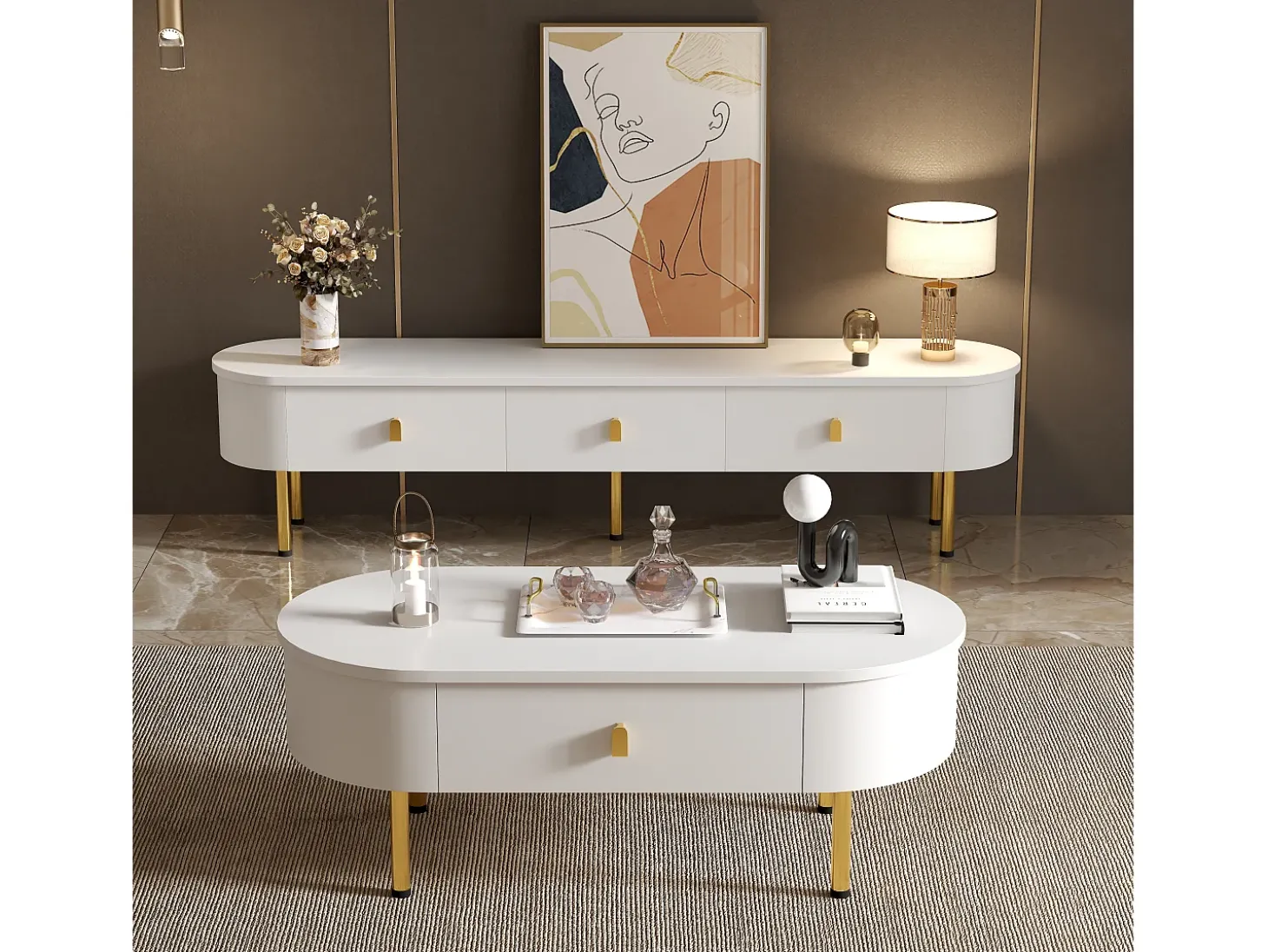 Combinação de armário de TV e mesa de centro com gavetas e cantos arredondados. Design leve e luxuoso para a sala de estar.