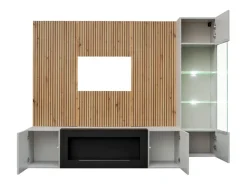 Composição de parede IXAR – Móvel para TV, vitrine suspensa, painéis de parede e lareira a bioetanol