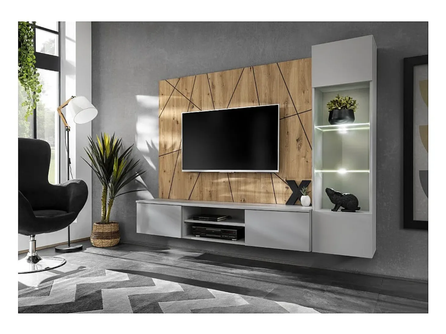 Composição de parede IXAR geométrica – Móvel para TV + vitrine suspensa + painéis decorativos