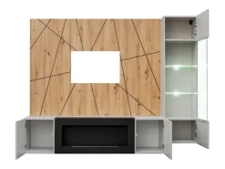 Composição de parede IXAR geométrica – Móvel de TV, vitrine suspensa, painéis de parede e lareira a bioetanol