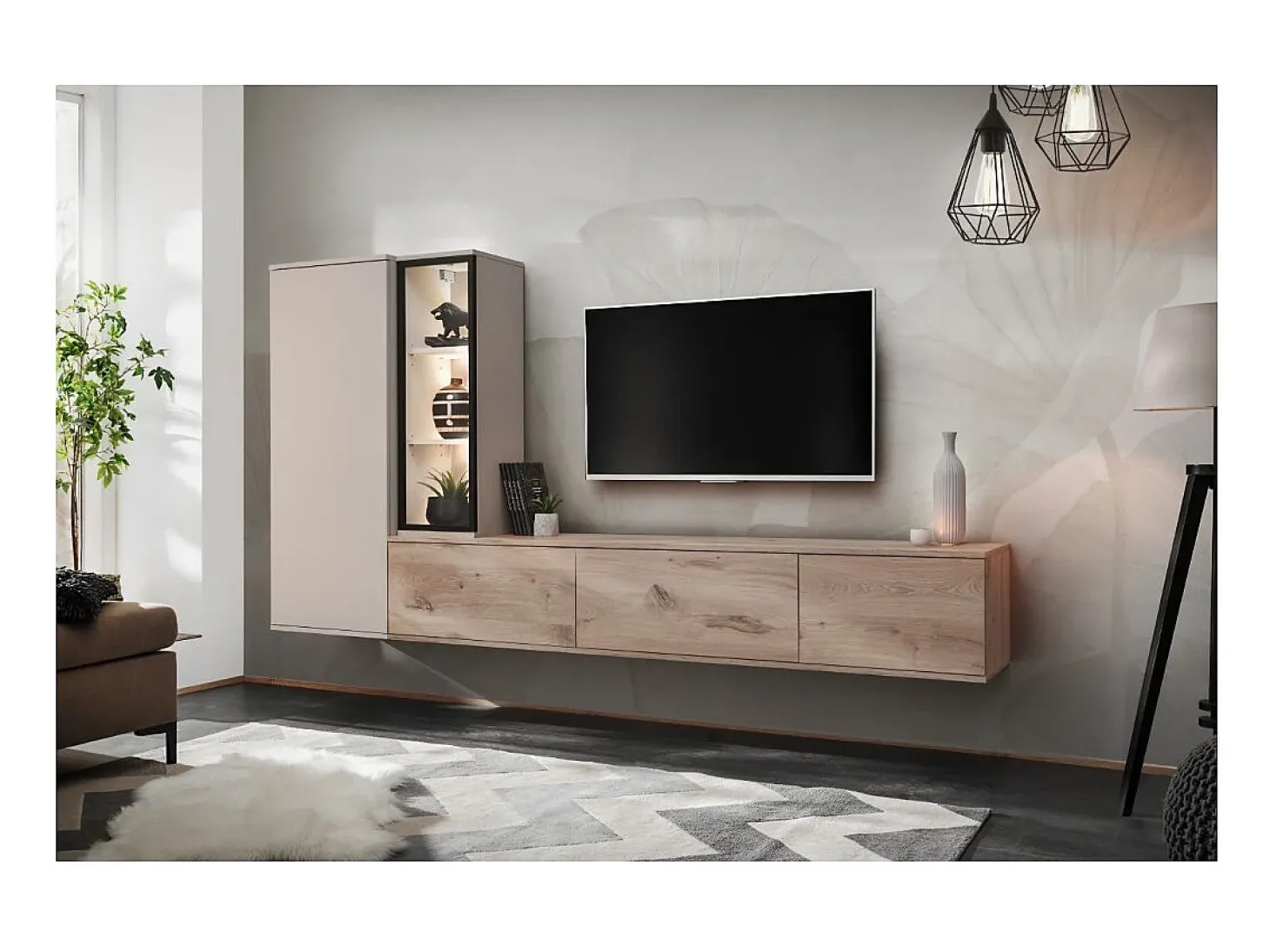 Composição mural CALIRE – Móvel para TV e armazenamentos suspensos – Carvalho Viking e Cashmere