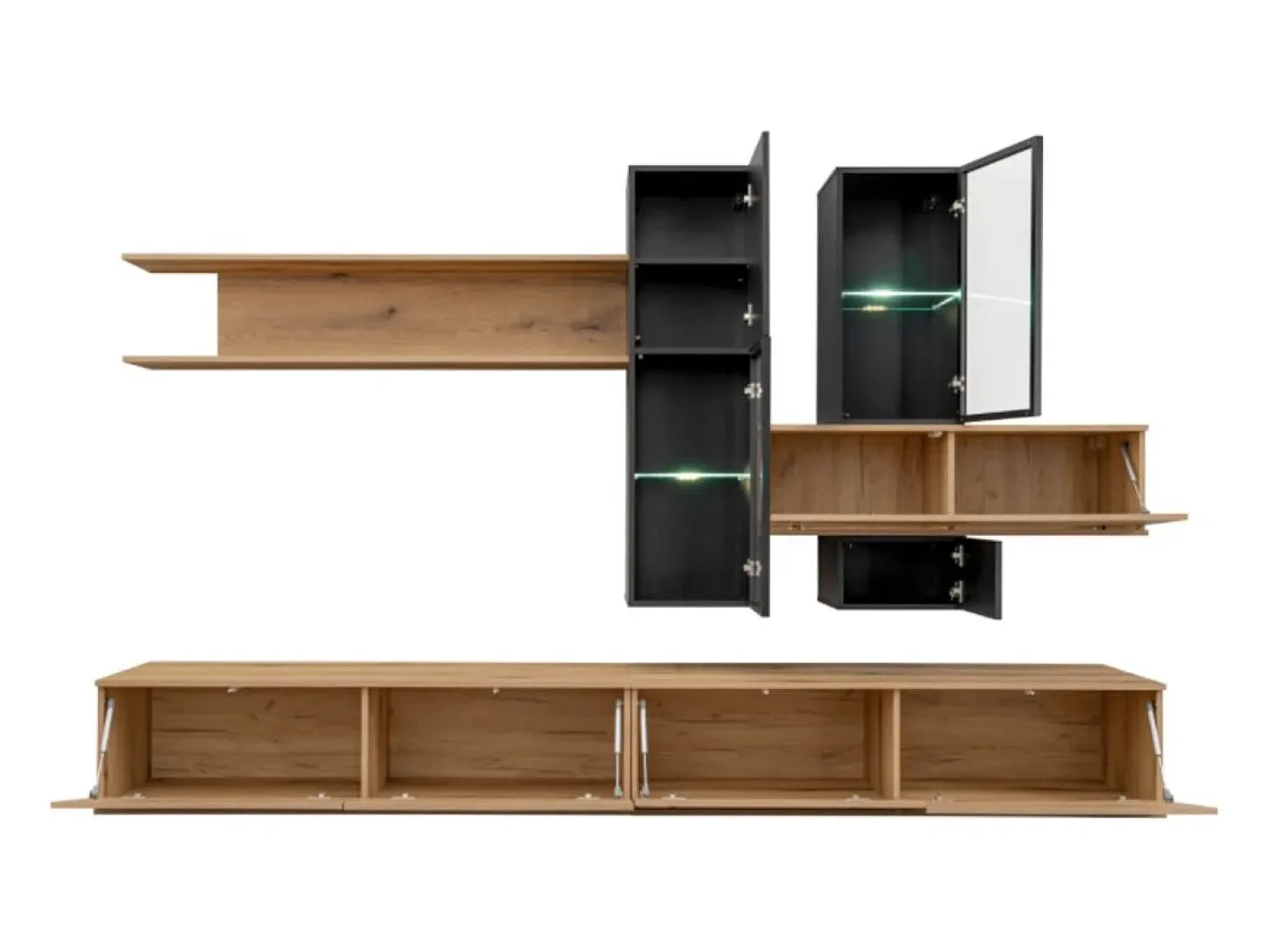 Composição mural ORIANE – Móveis para TV + armazenamentos suspensos – Carvalho Coast Evoke e preto fosco