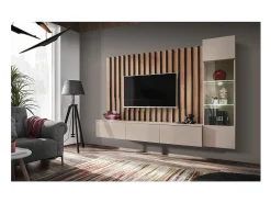 Composição mural TASHYA – Móvel para TV, vitrine suspensa e painel mural – Carvalho Artesão e branco areia