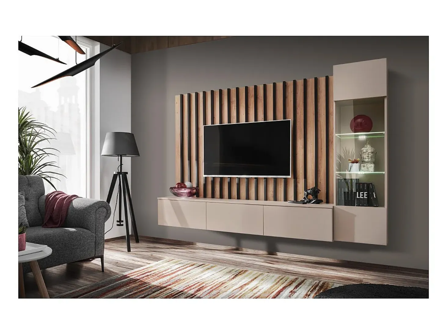 Composição mural TASHYA – Móvel para TV, vitrine suspensa e painel mural – Carvalho Artesão e branco areia