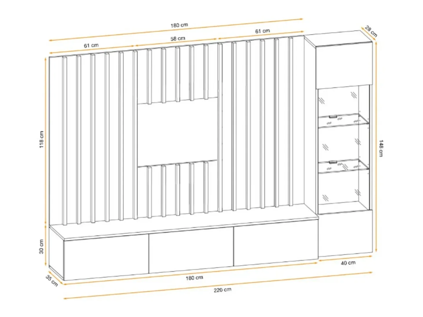 Composição mural TASHYA – Móvel para TV, vitrine suspensa e painel mural – Carvalho Artesão e branco areia