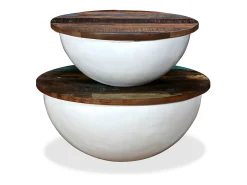 Conj. mesas centro 2 pcs madeira reciclada branco forma tigela
