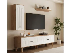 Conjunto de 3 armários de parede - aparador alto + móvel de TV + prateleira de parede - aglomerado - natural + branco