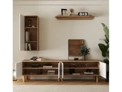 Conjunto de 3 armários de parede - aparador alto + móvel de TV + prateleira de parede - aglomerado - natural + branco