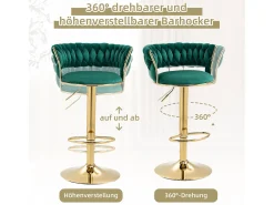 Conjunto de 2 bancos altos giratórios 360° - 54 x 46 x 78/97 - altura ajustável com encosto - veludo - verde