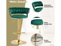 Conjunto de 2 bancos altos giratórios 360° - 54 x 46 x 78/97 - altura ajustável com encosto - veludo - verde