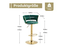 Conjunto de 2 bancos altos giratórios 360° - 54 x 46 x 78/97 - altura ajustável com encosto - veludo - verde