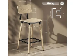 Conjunto de 2 bancos altos, com encosto e apoio para os pés, pés de aço, para cozinha, sala de estar, natural