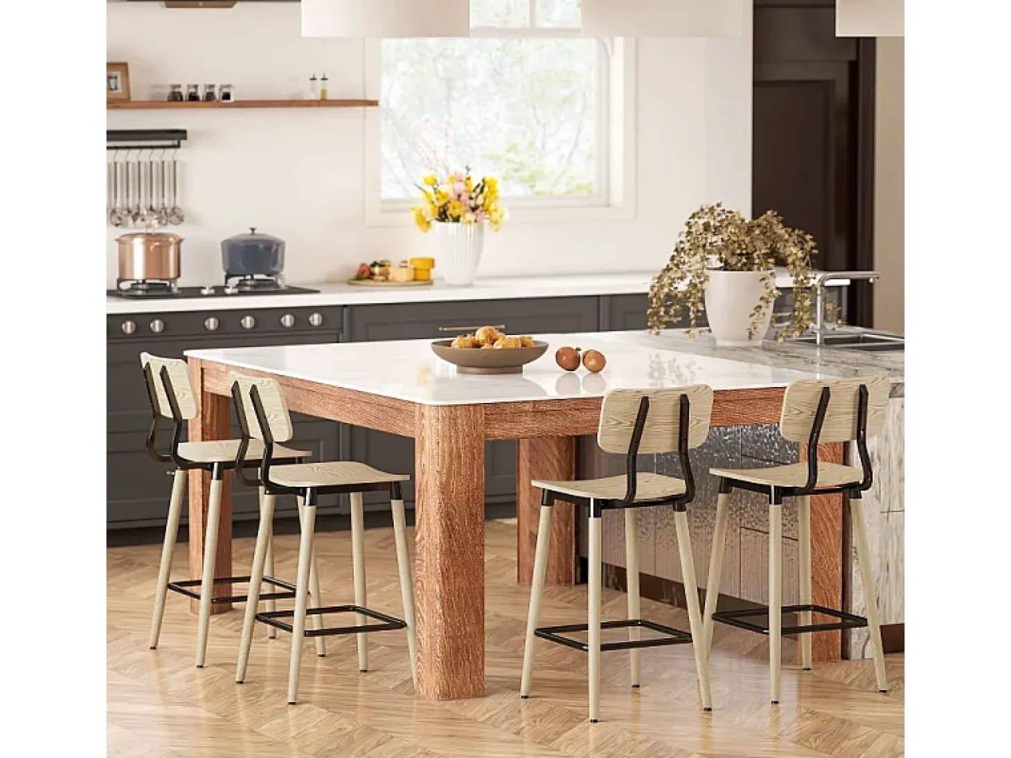 Conjunto de 2 bancos altos, com encosto e apoio para os pés, pés de aço, para cozinha, sala de estar, natural