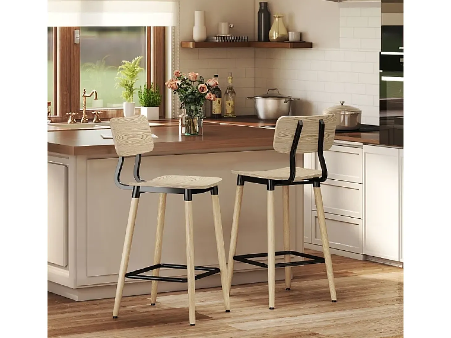 Conjunto de 2 bancos altos, com encosto e apoio para os pés, pés de aço, para cozinha, sala de estar, natural
