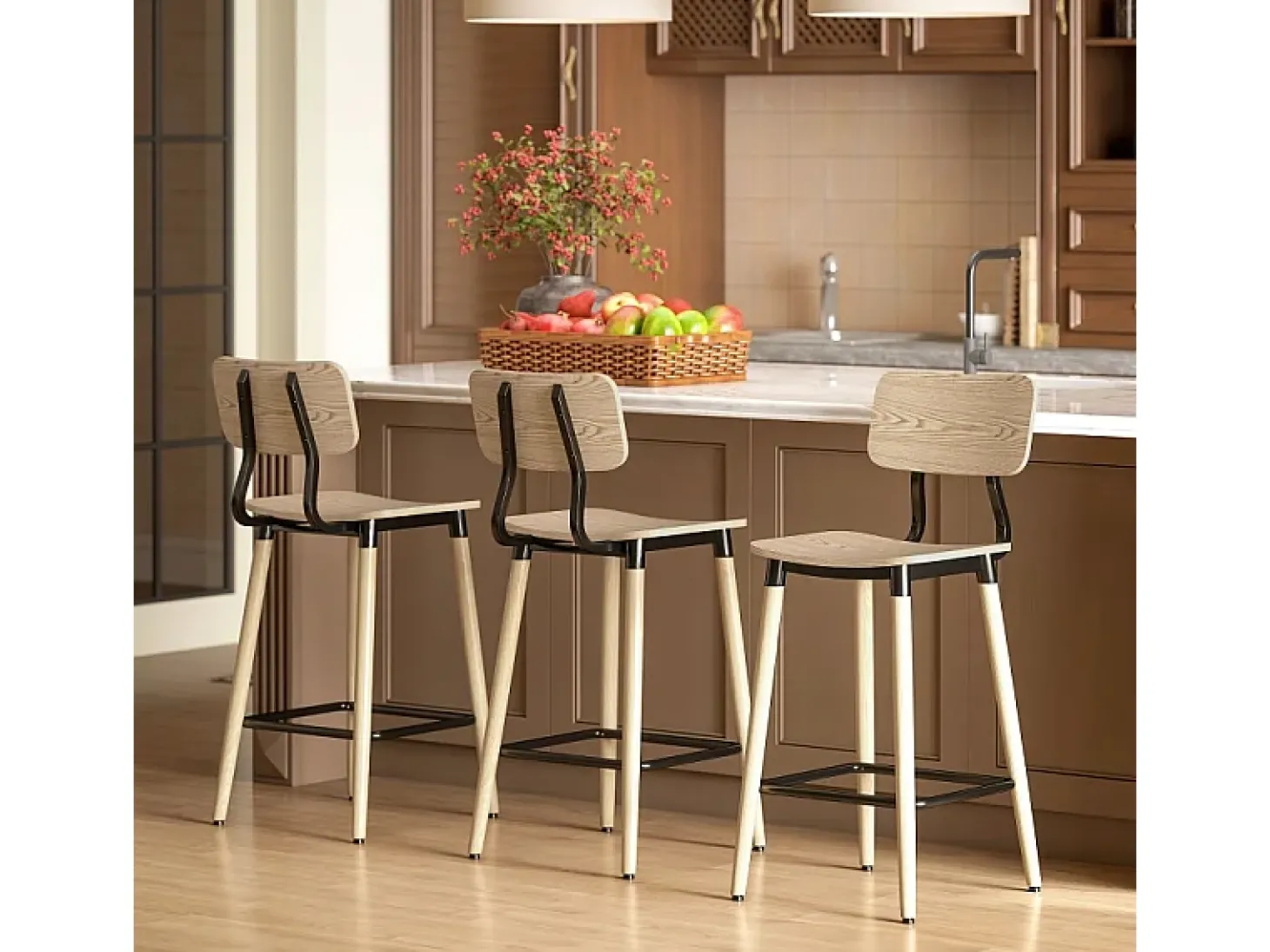 Conjunto de 2 bancos altos, com encosto e apoio para os pés, pés de aço, para cozinha, sala de estar, natural