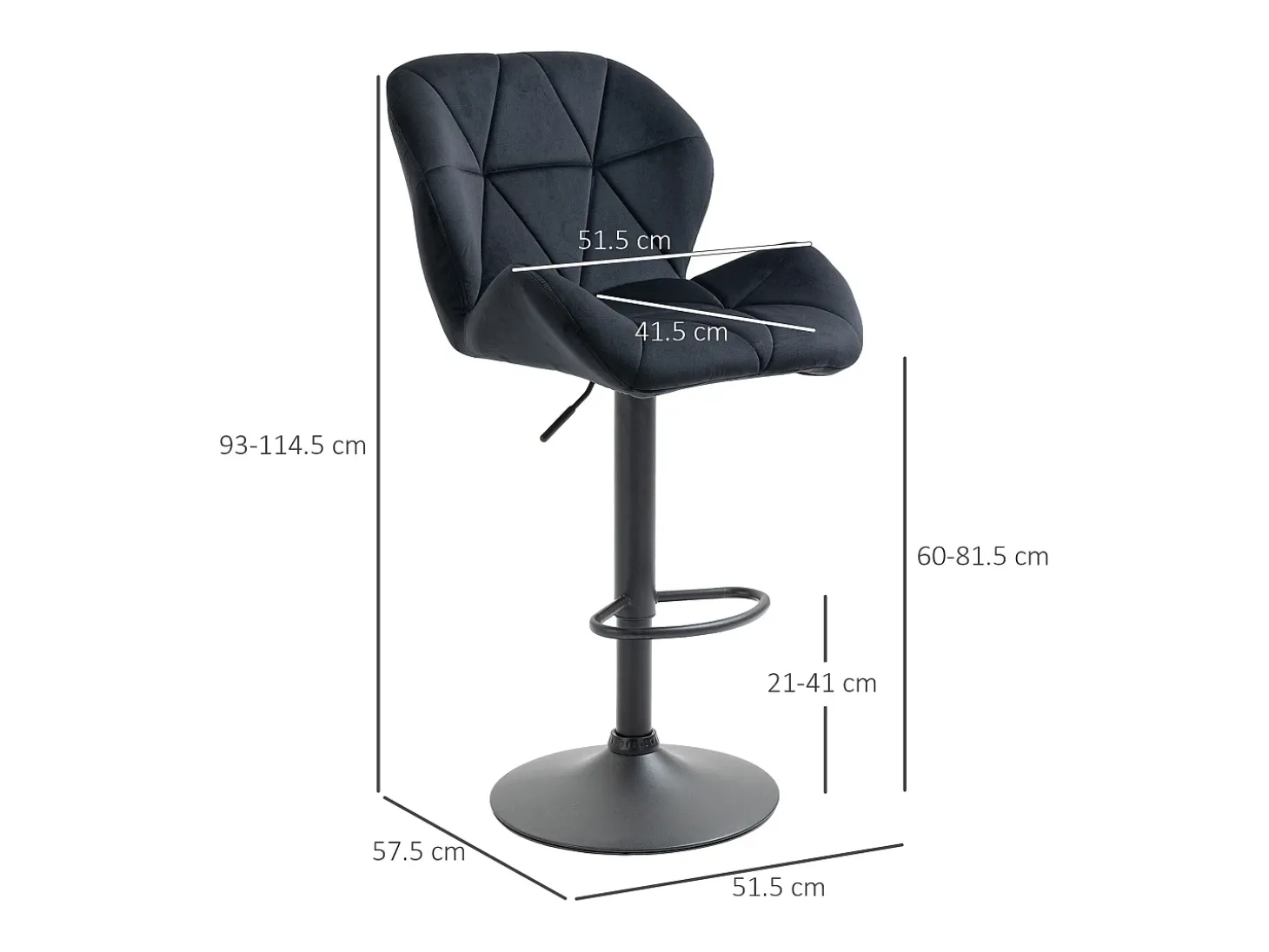Conjunto de 2 bancos altos giratórios, altura ajustável, com encosto, toque de veludo, preto, sem braços