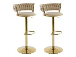 Conjunto de 2 bancos altos em veludo e metal dourado, altura regulável, cor bege - LOMYA