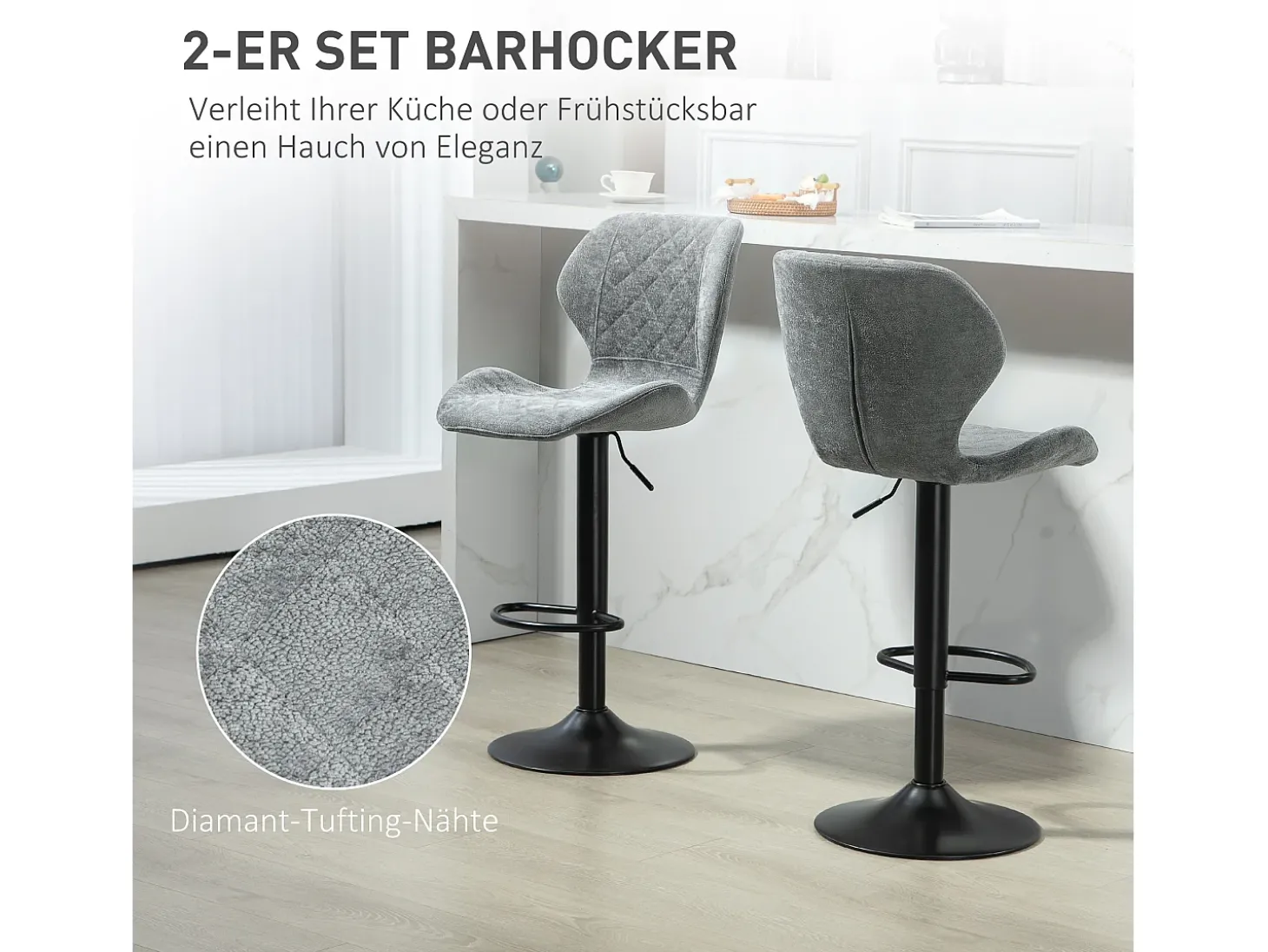 Conjunto de 2 bancos altos, reguláveis em altura e giratórios, estofados com encosto, aspecto chenille, apoio para os pés, estrutura de aço, cinza escuro