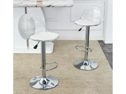 Conjunto de 2 bancos de bar com encostos transparentes - Altura ajustável - Pés em metal prateado