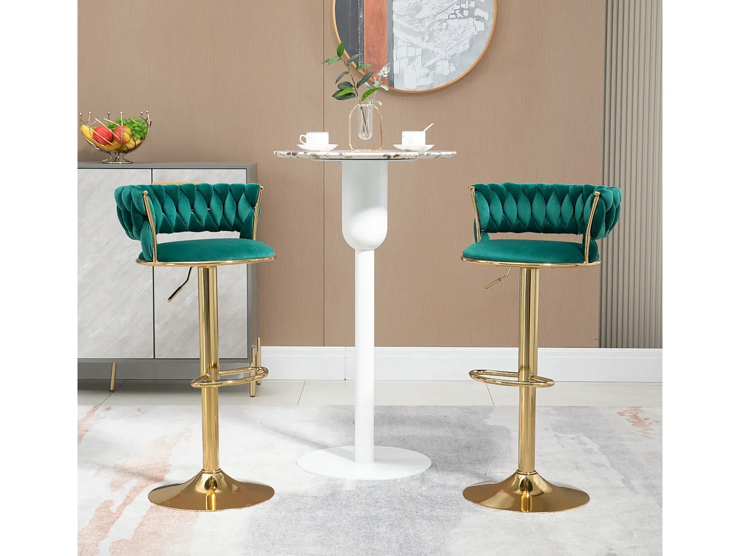 Conjunto de 2 bancos de bar giratórios de 360° e ajustáveis em altura com apoio para os pés, veludo, verde e prateado