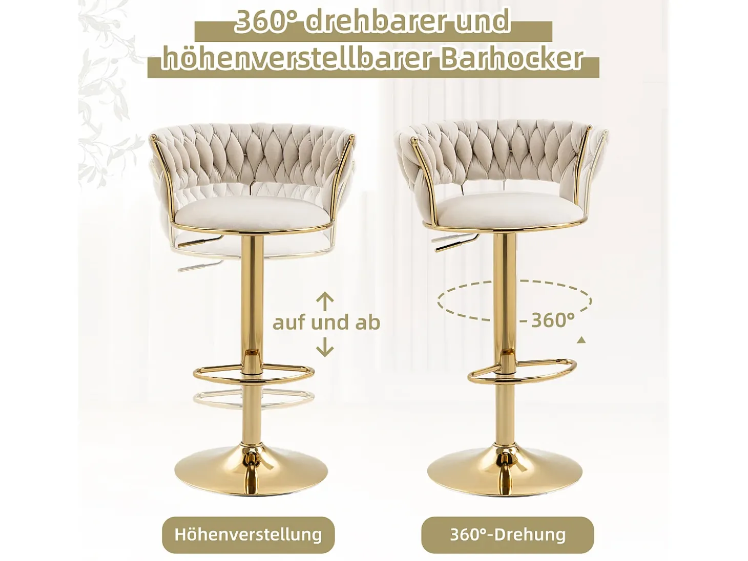 Conjunto de 2 bancos de bar giratórios de 360° e ajustáveis em altura com apoio para os pés, veludo, bege e prateado