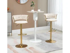 Conjunto de 2 bancos de bar giratórios de 360° e ajustáveis em altura com apoio para os pés, veludo, bege e prateado