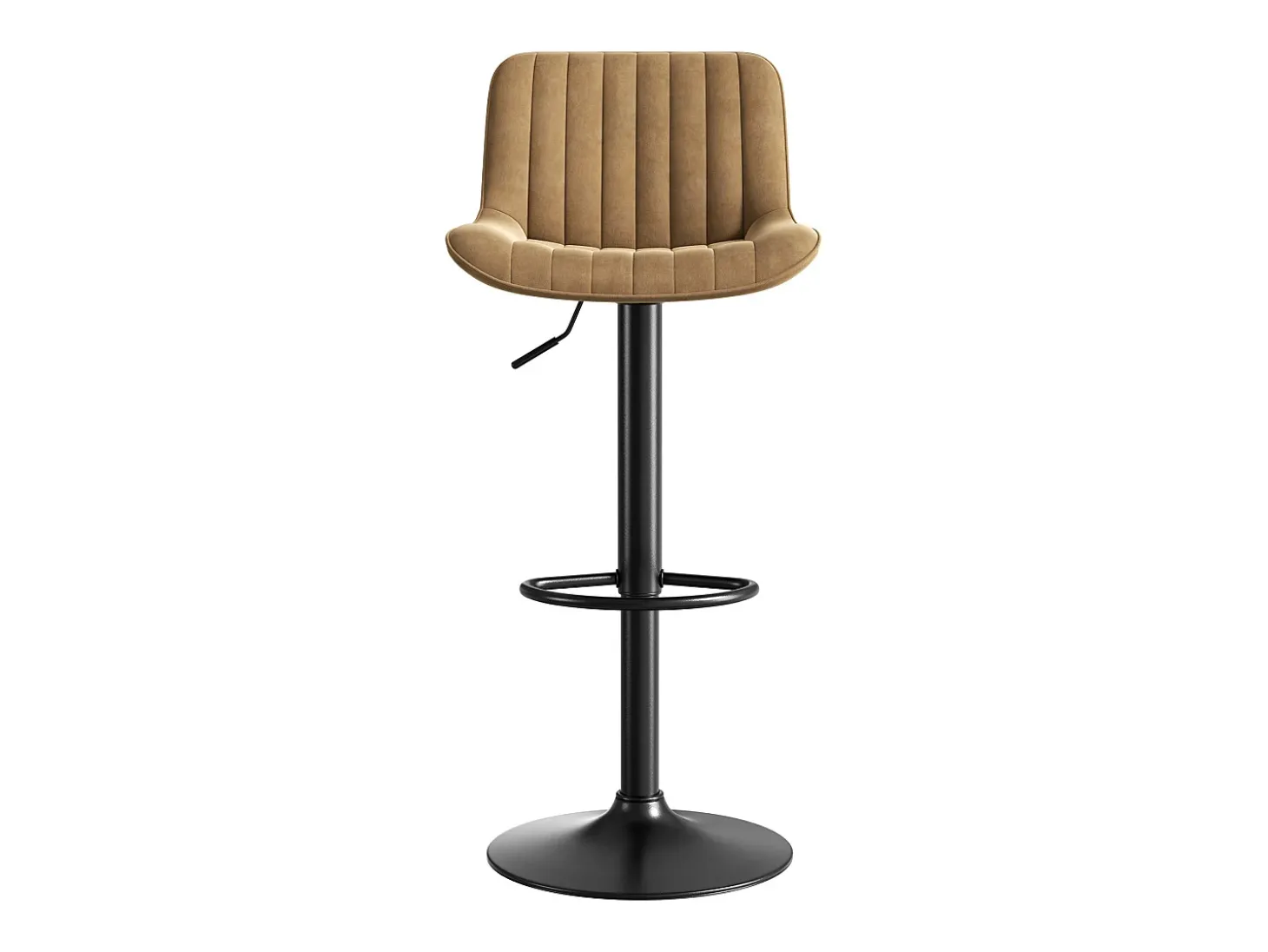 Conjunto de 4 bancos de bar castanhos, com altura regulável, em veludo e metal.