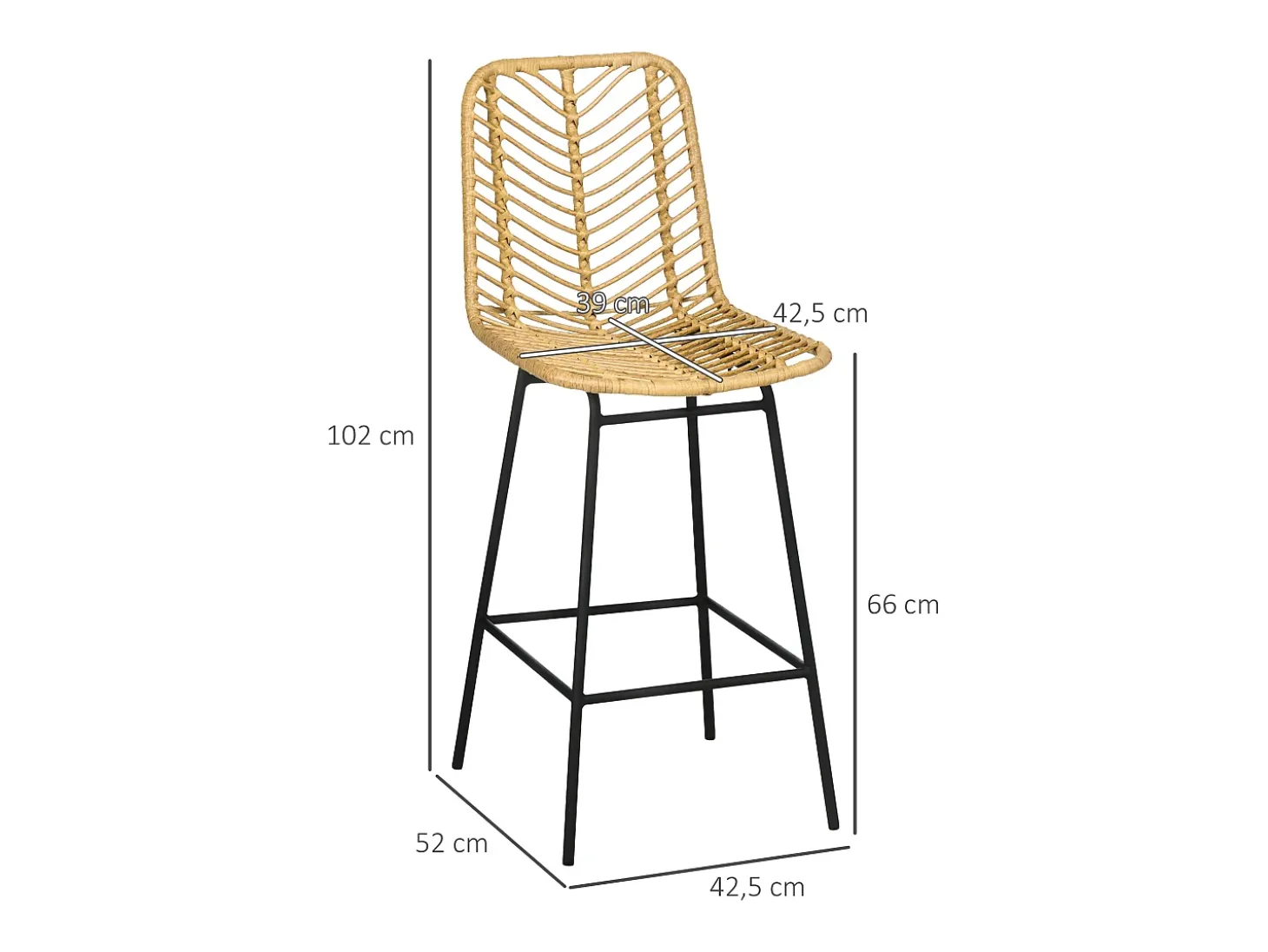 Conjunto de 2 bancos de bar com encosto estilo boho, rattan PE, incluindo apoio para os pés, amarelo + preto