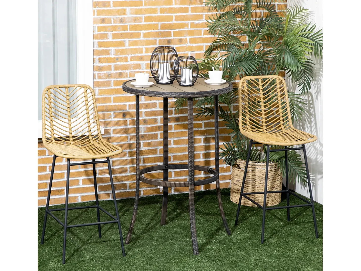 Conjunto de 2 bancos de bar com encosto estilo boho, rattan PE, incluindo apoio para os pés, amarelo + preto