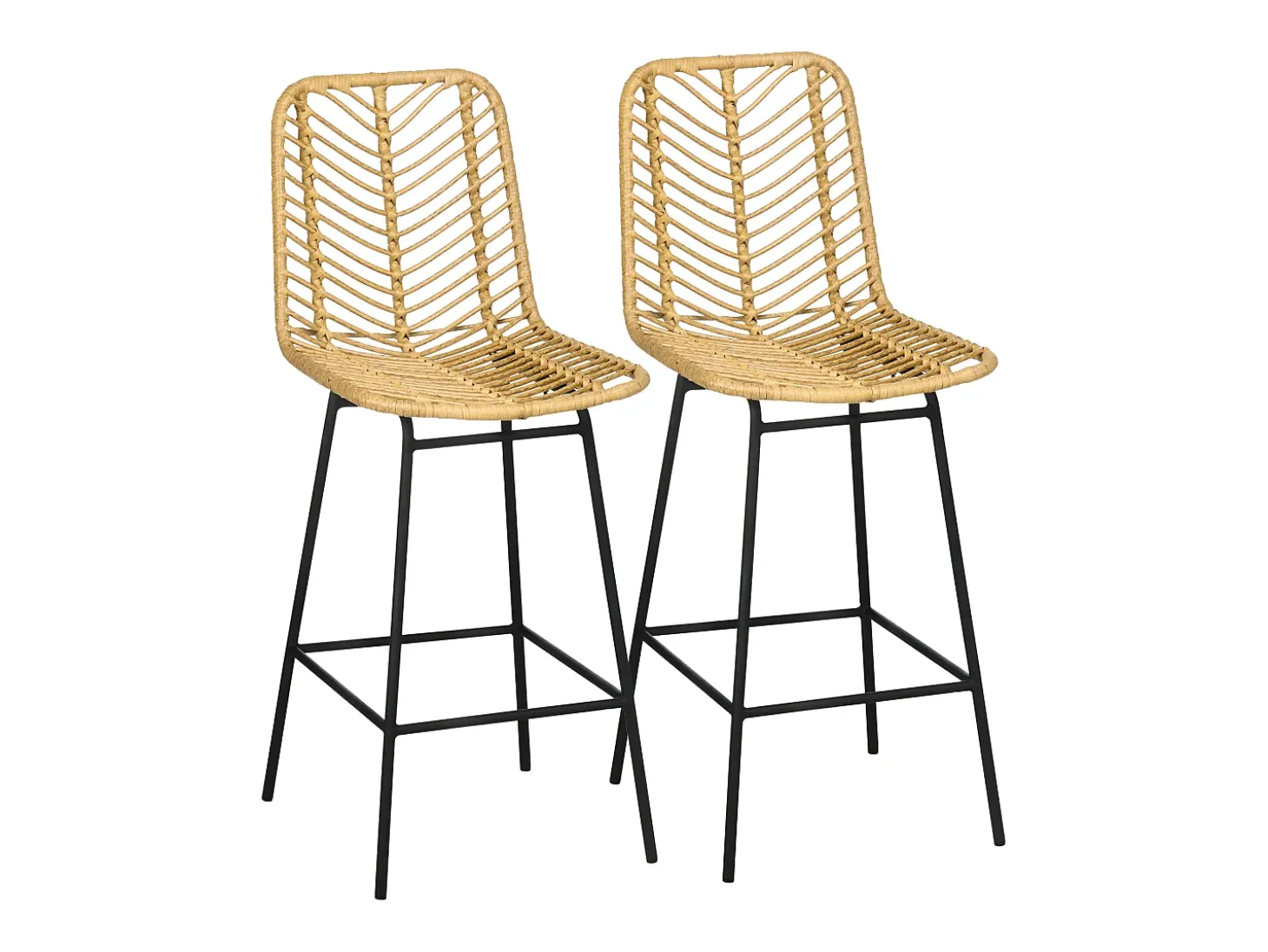 Conjunto de 2 bancos de bar com encosto estilo boho, rattan PE, incluindo apoio para os pés, amarelo + preto