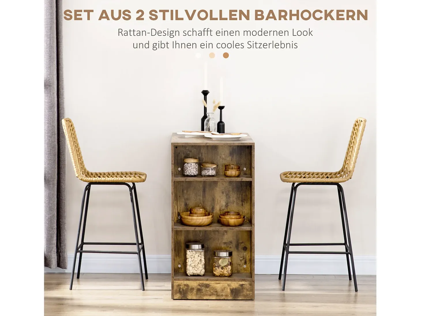 Conjunto de 2 bancos de bar com encosto estilo boho, rattan PE, incluindo apoio para os pés, amarelo + preto
