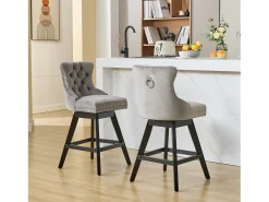 Conjunto de 2 bancos giratórios em veludo - Pés em madeira - Cinza