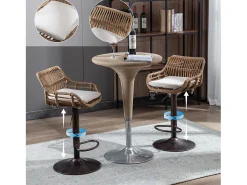 Conjunto de 2 banquetas ajustáveis ​​- Estrutura em metal e encosto em rattan - Almofada em linho bege