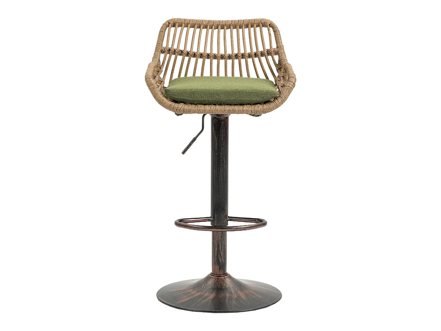 Conjunto de 2 banquetas ajustáveis - Estrutura em metal e encosto em rattan - Almofada de linho verde