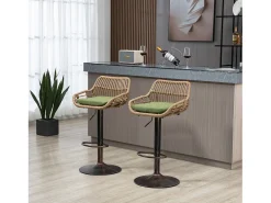 Conjunto de 2 banquetas ajustáveis - Estrutura em metal e encosto em rattan - Almofada de linho verde